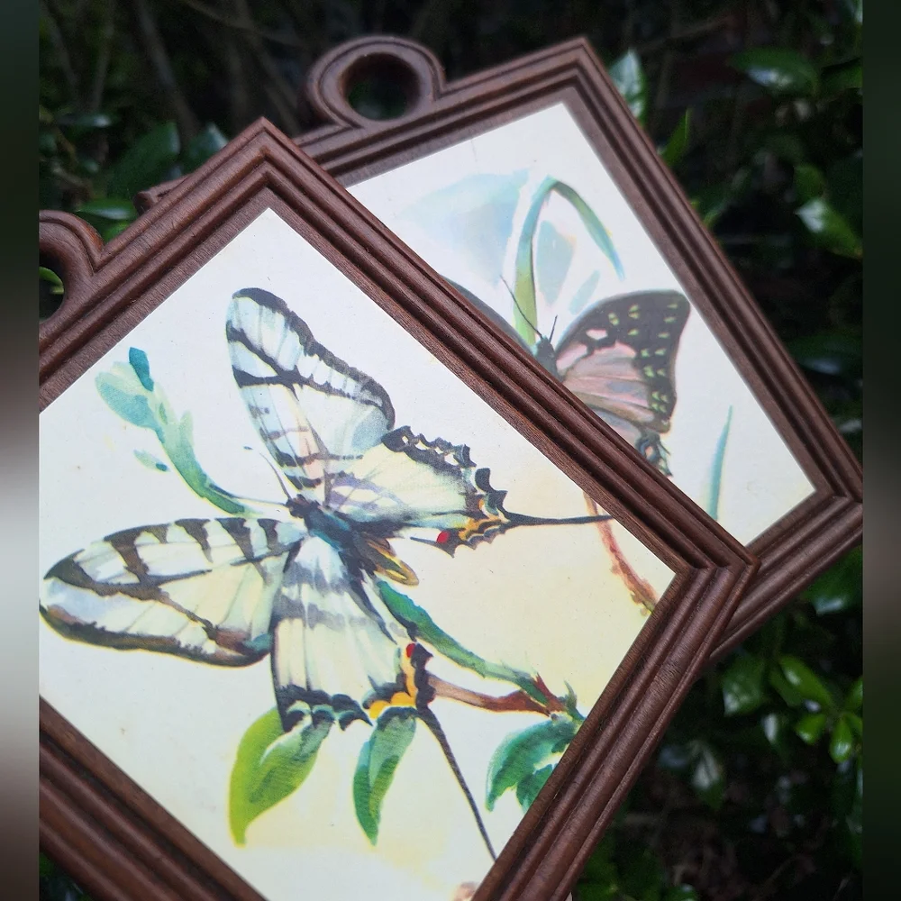 Vintage Wooden Wall Hanging Butterfly Decor Set of 4 Wood Watercolor Prints